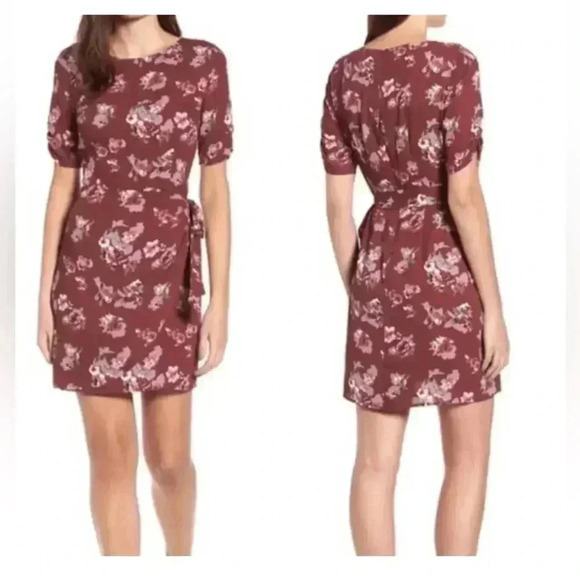 ASTR THE LABEL Burgundy Dress Size Large Tie Wrap Mini Short Sleeve Medium - Picture 1 of 6